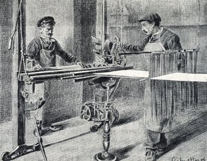 Hedvábná dílna: příprava řetízku u složky (Hedvábná práce) Rytina z „Exkurze po metierech“ od Pierre Calmette Private Collection