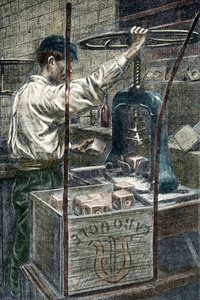 Mýdlárna: ražení značky mýdla Rytina z „Excursion a travers les metiers“ od Pierre Calmette Private Collection