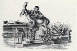 Preparování zvířat: Preparování zvířat vycpaných hartebeest ve své dílně Engraving from Excursion a travers les metiers“ od Pierre Calmette Collection privee
