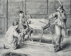 Preparování zvířat: preparování zvířat při přípravě umělé kostry v dílně Rytina z „Excursion a travers les metiers“ od Pierre Calmette Collection privee