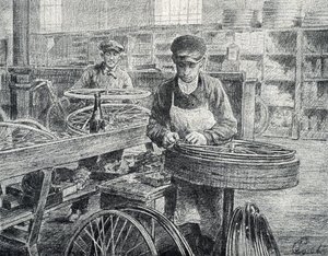 Dělníci připevňující paprsky k ráfkům jízdního kola při jeho výrobě (výroba jízdních kol) Rytina ze soukromé sbírky Pierre Calmette od Pierre Calmettes