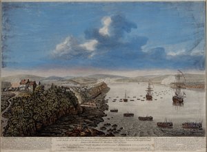 Pohled na místo přistání nad městem Quebec popisující útok...na Hauteurs DE Abraham 13. září 1759, kolem roku 1760 od Pierre Charles Canot