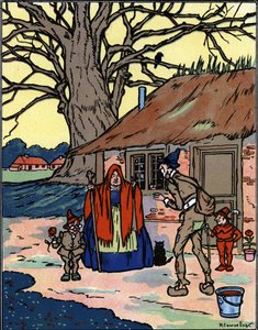 Let Picrochole, který se setkává se starou čarodějnicí Ilustrace Pierre Couselles (zemřel 1938) z „Gargantua“ od Francoise Rabelaise od Pierre Courselles