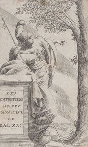 Frontispis, z Rozhovorů se zesnulým panem Balzacem Les Entretiens de Feu Monsieur d..., 1660.