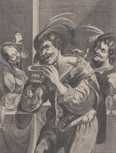 Muž pije polévku, zatímco ho sledují dva lidé, 1624-75.