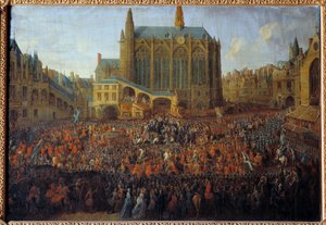 Odchod Ludvíka XV po lůžku spravedlnosti porušující vůli Ludvíka XIV., který se konal ve Velké komoře parlamentu v Paříži od Pierre Denis Martin