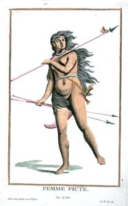 Piktská žena z „Receuil des Estampes, Representant des Rangs et des Dignites, podle Kostýmu všech existujících národů“, vydáno 1780 (ručně kolorovaná rytina) od Pierre Duflos