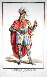Alfonso V (1396-1458) král Aragonie a Sicílie, z „Recueil des Estampes, představující hodnosti a hodnostáře, podle kostýmu všech existujících národů“, vydané v roce 1780 (ručně kolorovaná rytina) od Pierre Duflos