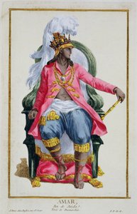 Amar, král Ouidy, z knihy "Receuil des Estampes, representant les Rangs et les Dignites, suivant le Costume de toutes les Nations existantes", vydané roku 1780 (ručně kolorovaná rytina)