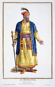 Aurangzeb, velký chán mongolských hord z Recueil des Estampes, představitel les Rangs et des Dignites, podle Kostýmu všech existujících národů, vydaného roku 1780 (ručně kolorovaná rytina od Pierre Duflos