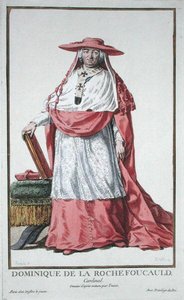 Kardinál Dominique de la Rochefoucauld (1712-1800) z „Receuil des Estampes, reprezentující hodnosti a hodnostáře podle kostýmu všech existujících národů“, vydáno 1780 (ručně kolorovaná rytina) od Pierre Duflos