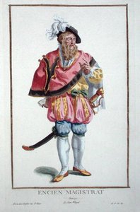 Šaty švýcarského soudce z „Receuil des Estampes, Representant les Rangs et les Dignites, podle Kostýmu všech existujících národů“, vydané 1780 (ručně kolorovaná rytina) od Pierre Duflos