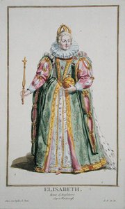Alžběta I. (1530-1603) z „Receuil des Estampes, představující hodnosti a hodnostáře, podle kostýmu všech existujících národů“, vydáno 1780 (ručně kolorovaná rytina) od Pierre Duflos