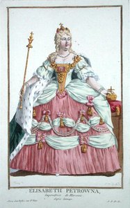 Alžběta Petrovna (1709-62) ruská císařovna (1741-62) z „Receuil des Estampes, reprezentující hodnosti a hodnostáře, podle kostýmu všech existujících národů“, vydáno 1780 (ručně kolorovaná rytina) od Pierre Duflos