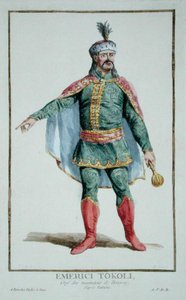 Emerici Tokoli, náčelník maďarských nespokojenců z „Receuil des Estampes, Representant des Rangs et des Dignites, podle Kostýmu všech existujících národů“, vydáno 1780 (ručně kolorovaná rytina) od Pierre Duflos