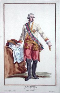 Generál Laudon (1717-90) z „Receuil des Estampes, Representant des Rangs et des Dignites, podle Kostýmu všech existujících národů“, vydáno 1780 (ručně kolorovaná rytina) od Pierre Duflos