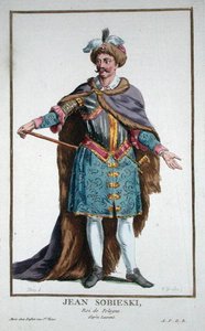 Jan III Sobiewski (1629-96) polský král z „Receuil des Estampes, představující hodnosti a hodnostáře podle kostýmu všech existujících národů“, vydáno 1780 (ručně kolorovaná rytina) od Pierre Duflos