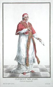 Lorenzo Ganganelli (1705-74) Papež Klement XIV (1769-74) z „Receuil des Estampes, představující hodnosti a hodnostáře, podle kostýmu všech existujících národů“, vydáno 1780 (ručně kolorovaná rytina) od Pierre Duflos