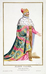 Marino Falier (1274-1355) Benátský dóže z knihy "Receuil des Estampes, Representant les Rangs et les Dignites, suivant le Costume de toutes les Nations existantes", vydané roku 1780 (ručně kolorovaná rytina)