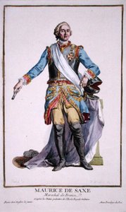 Maurice Saský (1696-1750) z „Receuil des Estampes, Representant des Rangs et les Dignites, podle Kostýmu všech existujících národů“, vydaného roku 1780 (ručně kolorovaná rytina) od Pierre Duflos