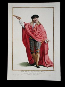 Pietro Loredano († 1439) ze „Sbírky tisků, reprezentujících hodnosti a důstojnosti, podle kostýmu všech existujících národů“, vydané v roce 1780 (ručně kolorovaná rytina) od Pierre Duflos