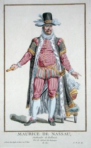 Princ Maurice z Nassau (1567-1625) Stadholder Nizozemské republiky z „Receuil des Estampes, představující hodnosti a hodnostáře, podle kostýmu všech existujících národů“, vydáno 1780 (ručně kolorovaná rytina) od Pierre Duflos
