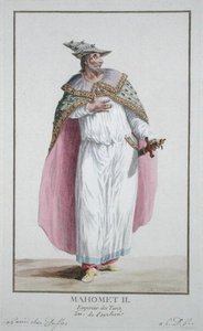 Sultan Mahomet II (1432-81) z „Receuil des Estampes, představující hodnosti a hodnostáře, podle kostýmu všech existujících národů“, vydáno 1780 (ručně kolorovaná rytina) od Pierre Duflos