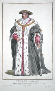 Thomas Howard (1473-1554) 3. vévoda z Norfolku z „Receuil des Estampes, představující hodnosti a hodnostáře, podle kostýmu všech existujících národů“, vydaný v roce 1780 (ručně kolorovaná rytina) od Pierre Duflos