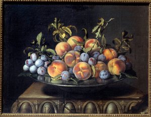 Broskve a švestky v plechové misce Obraz Pierra Dupuise (1610-1682) 17. století Sun. 0,48x0,61 m