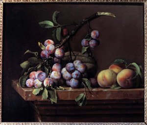Švestky, tykev a broskve na mramorovém kladí Malba Pierra Dupuise (1610-1682) 1650 Ne. 0,51x0,6m
