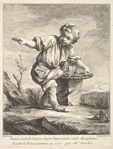 Frontispis s malým chlapcem držícím košík, od Premier Livre de Figures daprès les po..., 1757.