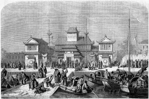 Celní pohled v přístavu Šanghaj v roce 1860, Čína. Rytina od Grandsire, v „“Le Tour du Monde, Nouveau journal des Voyages“, editoval Edouard Charton, Paříž