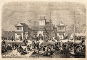 Budova Shanghai Customs Building, kresba Grandsire, ilustrující cestu do Číny a Japonska v letech 1857-1858 markýze de Moges. Rytina v „“ Le tour du monde, nouveau journal des voyages““ Paříž