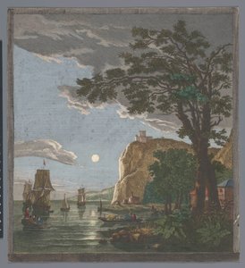 Pohled na pobřeží s loděmi a čluny na vodě za měsíčního svitu La pleine lune (název na objektu) od Pierre François Basan