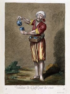 Prodejce kávy na ulicích, „“Sbírka 100 tisků představujících různé národy Levanty v letech 1707 a 1708““ na objednávku M. de Frriola, velvyslance krále v Porte a aktualizovaná v letech 1712-13 péčí o M. Le Hay, basan rytec, Par
