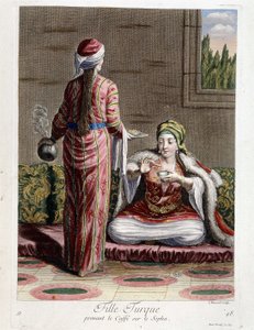Turecká dívka popíjející kávu na pohovku, „“ Sbírka 100 tisků představujících různé národy Levanty v letech 1707 a 1708““ na objednávku M. de Frriola, velvyslance krále v Porte a aktualizovaná v letech 1712-13 pečlivostí z M. Le Hay, Basan engra
