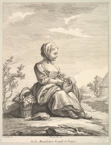 Holčička držící hrozny s košíkem po boku, z Deuxième Livre de..., po roce 1757.