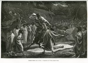 Pohřební obřad pro Todas, malou pastorační komunitu na náhorní plošině Nilgiri (jižní Indie), během pohřbu je obětován dobytek. Rytina P.Fritela, pro ilustraci recitálových suvenýrů z plavby do Nilgherries, od Madame Janssen, v 1.