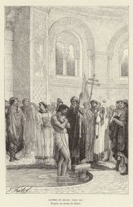 Bapteme de Rollon. Baptism of Rollo, první vládce Normandie, c911 (rytina)