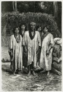 Náčelník Lacandon a typy Lacandon, Mayové žijící v džunglích Chiapas (Mexiko). Rytina P.Fritela pro ilustraci příběhu „“Cesta do Yucatánu a země Lakandonů“ z roku 1882, od Desire Charnay (1828-1915), archeologa a fotografa