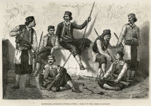 Krivosciané, horolezci z Bouches de Cattaro (nebo Kotor, zátoka na západním pobřeží Černé Hory), zbraně k odolání síle pronikání do rakouských jednotek. Rytina podle kresby P. Fritele, pro ilustraci plavby do Dalmácie, od C