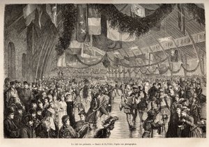Montrealský klub bruslařů na schůzce na kostýmovém bruslařském večeru, vyrytý podle kresby P. Fritela, ilustrující exkurzi do Kanady a Riviere Rouge du nord, od H. De Lamotte, v roce 1873, publikované v „Le tour du monde”” 1875, editoval Edo
