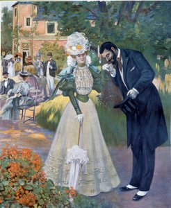 Belle epoque: „Sex z ruky“: muž zdraví ženu na recepci. Ilustrace Jeanniota pro „Le Figaro illustrious““ Začátek 20. století Paříž, dekorativní umění
