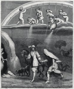 Enee a Didon překvapil déšť v lese. Ilustrace "" Virgil transvestite "" od Paula Scarrona (1610-1660), parodie na "L