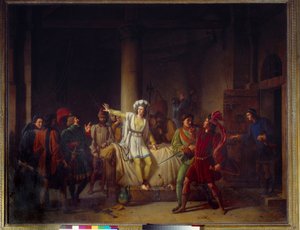 Stoletá válka: „“ Johanka z Arku (1412-1431) ve svém vězení v Rouenu“ V roce 1431 byla Johanka z Arku, obviněná z kacířství, uvězněna v žaláři hradu Philippa Augusta v Rouenu. Obraz Pierra Henri Revoila (1776-1842) 19. století Rouen musee des b