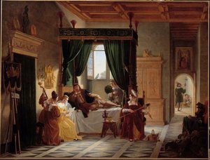 Obnova Bayardu Rytíř Pierre Terrail, pán Bayardu (1476-1524) v období rekonvalescence po obléhání Brescie. Obraz Pierra Henri Revoila (1776-1842) 19. století Sun. 1,35 x 1,77 m