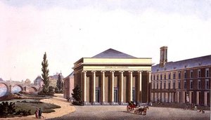 Palác univerzity v Lutychu, z "Choix des Monuments, Edifices et Maisons les plus remarquables du Royaume des Pays-Bas" od Pierra Jacquese Goetghebuera, vyryl J. N. Chevron, vydáno 1827 (akvatinta)