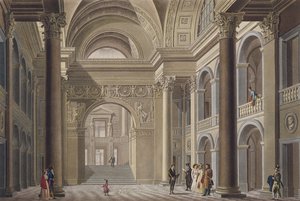 Vestibul Palais Academique v Gentu, z výběru nejvýznamnějších památek, budov a domů Nizozemského království od Pierra Jacquese Goetghebuera, rytý L. Roelandt, vyd. od Pierre Jacques Goetghebuer