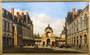 Oválné nádvoří zámku Fontainebleau. Příjezd švédské královny Kristýny Švédské