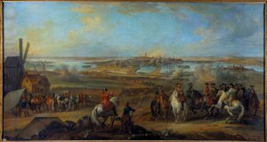Tažení Flander (1745-1747): „“ Král Ludvík XV. (1710-1774) v sídle Mons v Hainaut v červenci 1746““ Obraz Pierra Nicolase Lenfanta (1704-1787) 18. století Sun. 1,77x3,35m